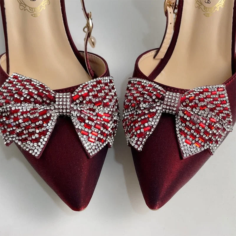 Elegant Ladies Ankle Strap Pumps Crystal Bow Stiletto High Heels Shoes Woman Sexy Pointed Toe Silk Wedding Shoes For Women Bride