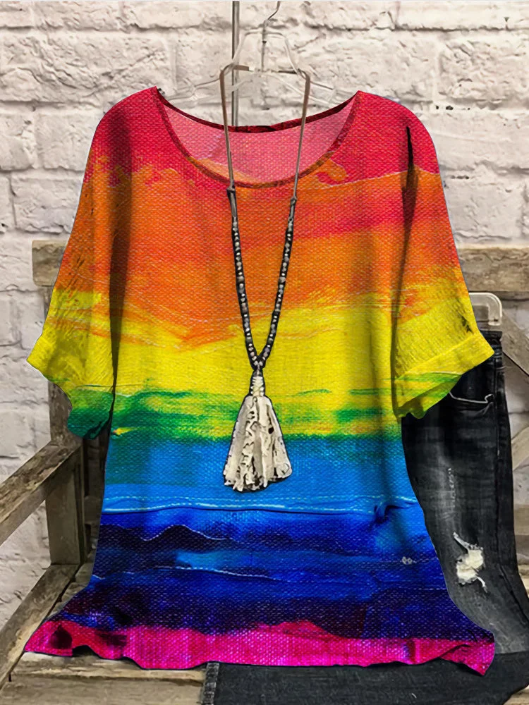 Women Half Sleeve Scoop Neck Tie Dye Colorful Women Tops