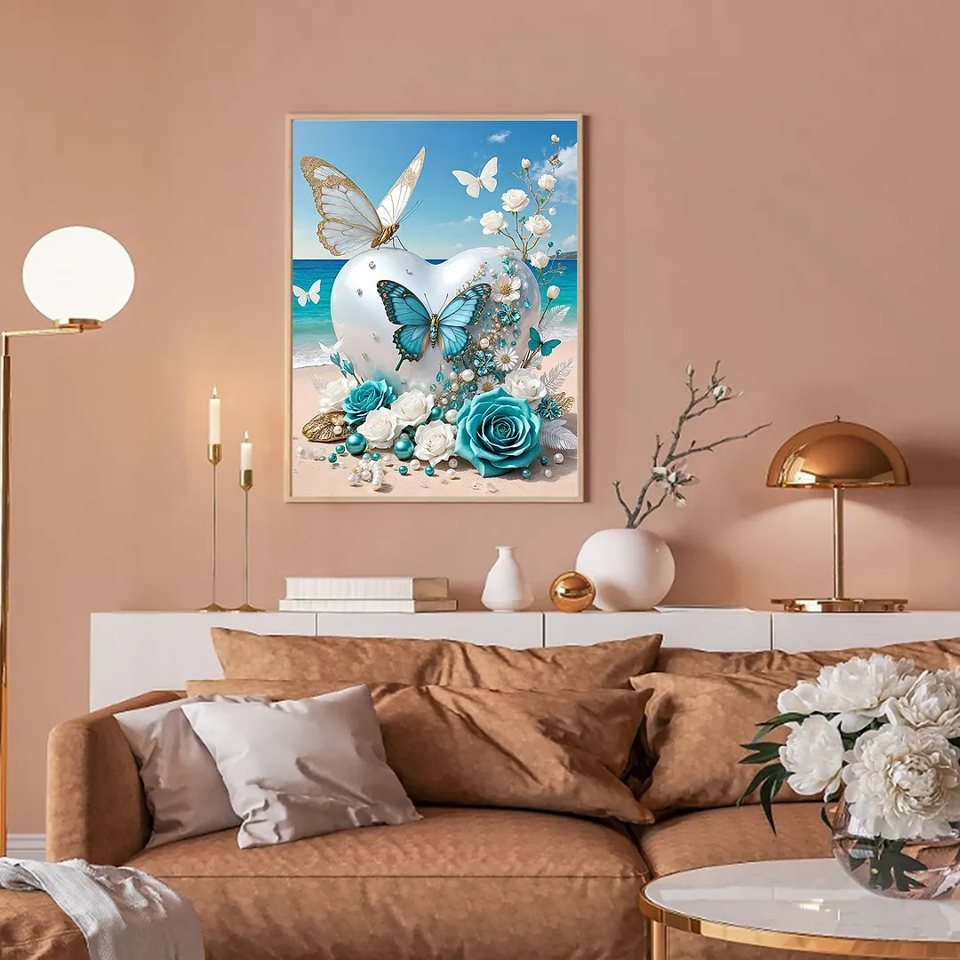 Beach Butterfly Full DIY 5D Round Drill Gem Art Diamond Painting Kits 11.81x15.75 in Diamond Dots Paintings Picture Arts Craft Diamond Art Kits for Adults/Beginners Gift Idea Home Decor