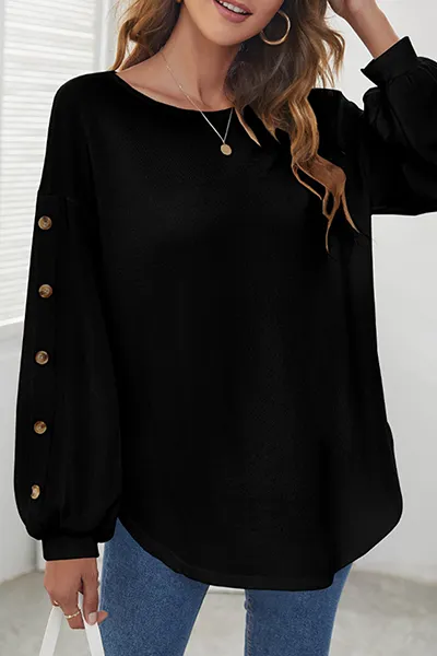 Casual Solid Buckle O Neck Tops(3 Colors)