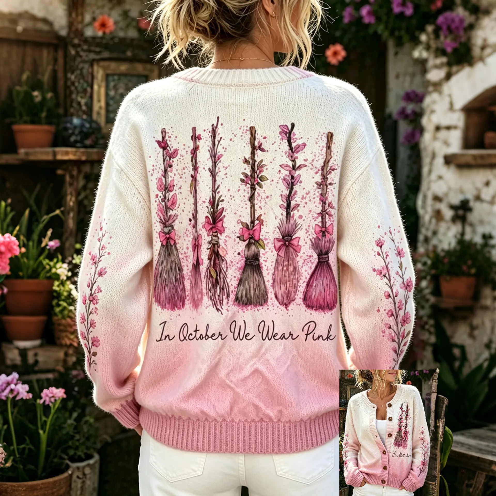 Comstylish Women's Pink Halloween Floral Bow Broom Gradient Print Crew Neck Cardigan