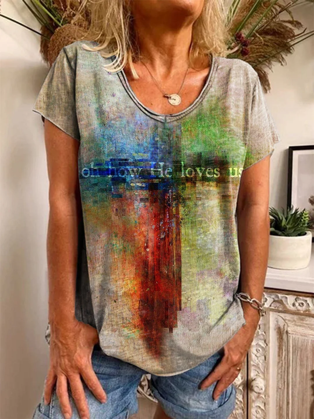 V Neck Short Sleeve Ombre/tie-Dye Casual Shirts & Tops