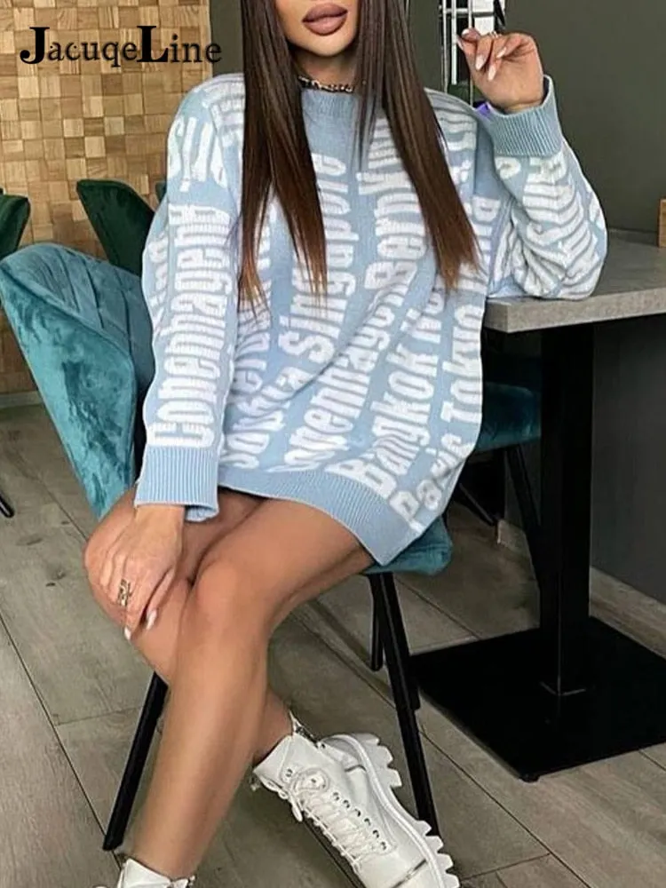 Jacuqeline 2022 Letter Knitted Oversize Women Dress Sweater Y2K Fashion O Neck Long Sleeve Mini Party Dresses  Autumn Winter
