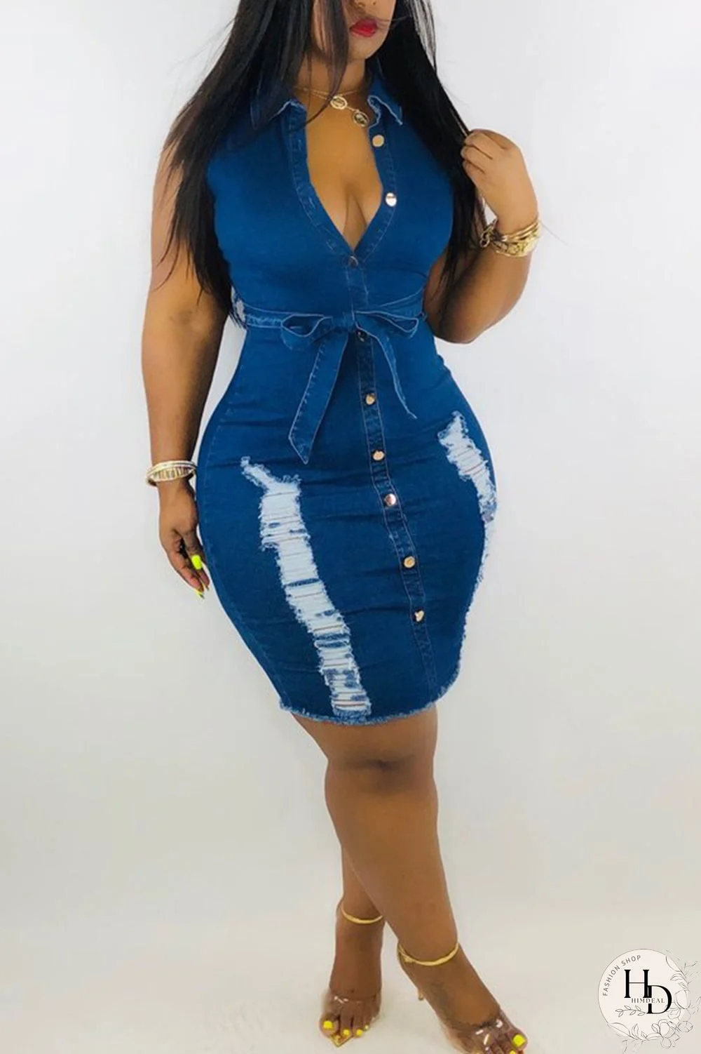 Baby Blue Sexy Sleeveless Grinding Hole Cowboy Dress