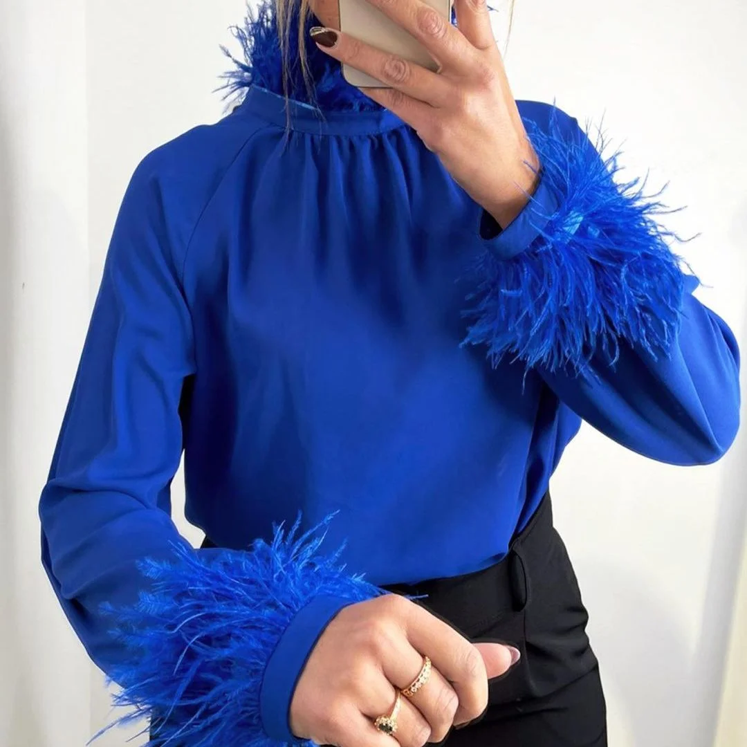 2022 Autumn Winter Feather Long Sleeve Blouse Shirt Women Green Elegant Office Lady Top Shirts Casual Fashion Black