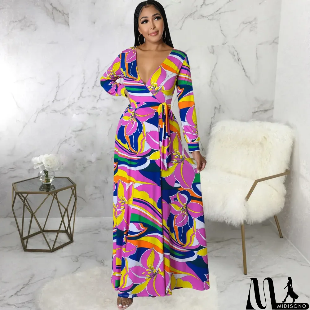 MidiSono - Women's Sexy V Neck Long Sleeve Fashion Lace Up Slim Waist Printed Swing Maxi Dress