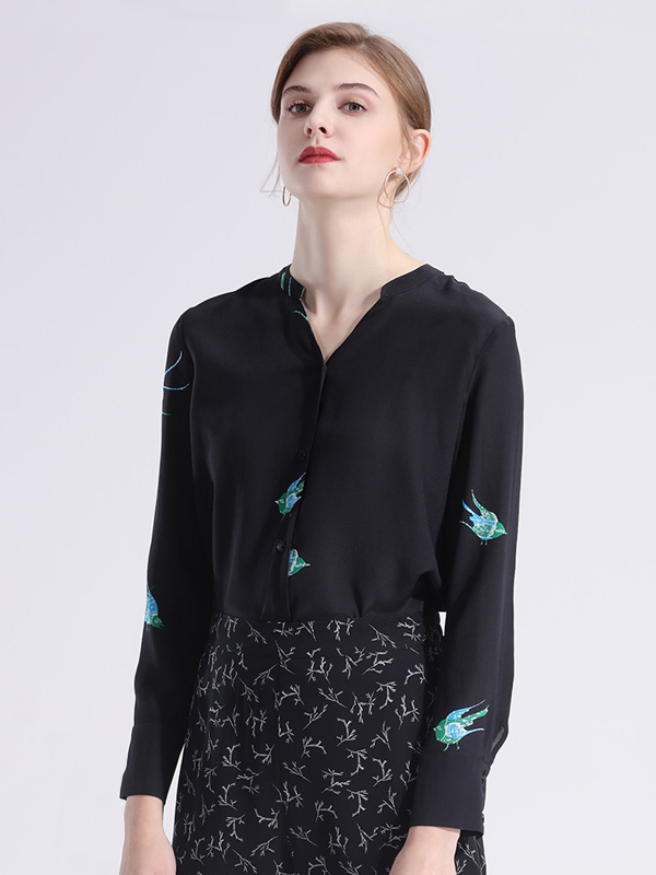 Silk Blouse Black Simple V-neck Style