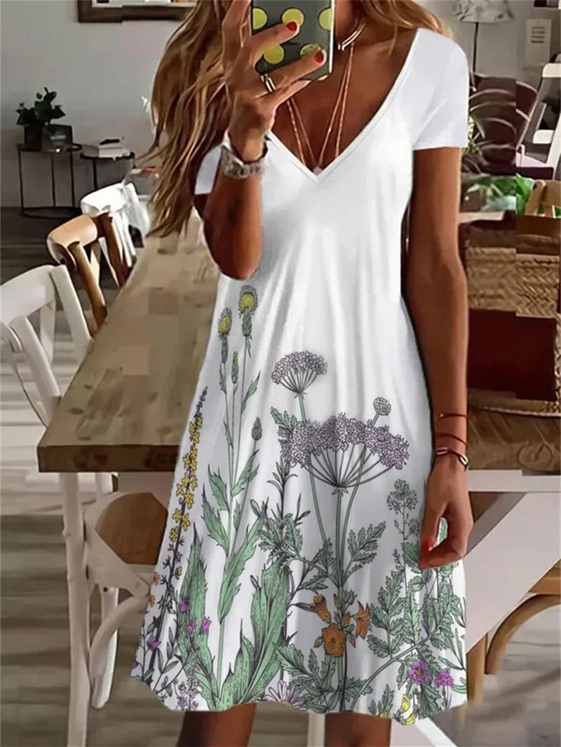 Women's Short Sleeve V-neck Graphic Floral Printed Midi Dress