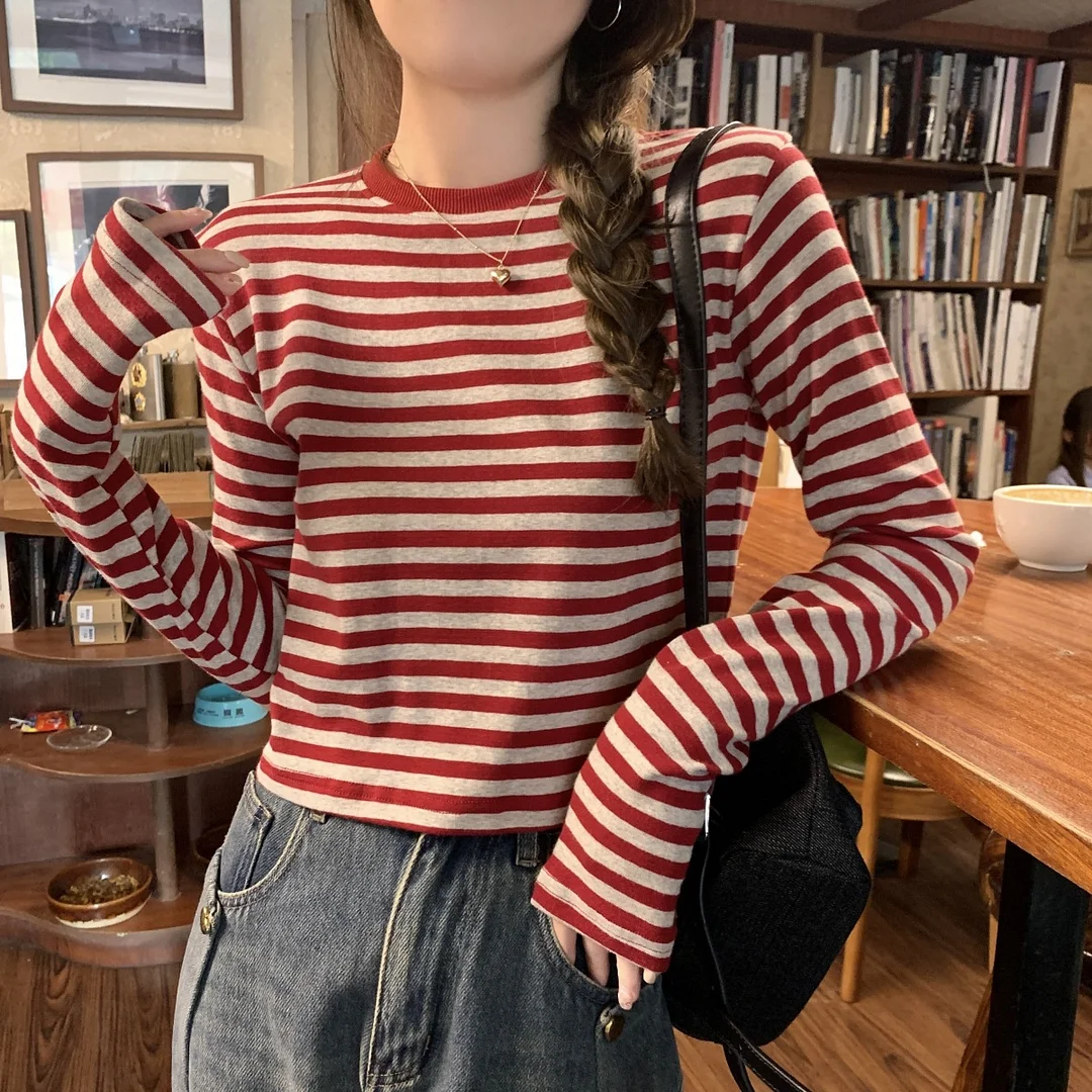 Uveng Uveng Color Striped Long-Sleeved T-Shirt Female Autumn 2024 New Casual Look Thin With A Bottom Shirt Short Student Top