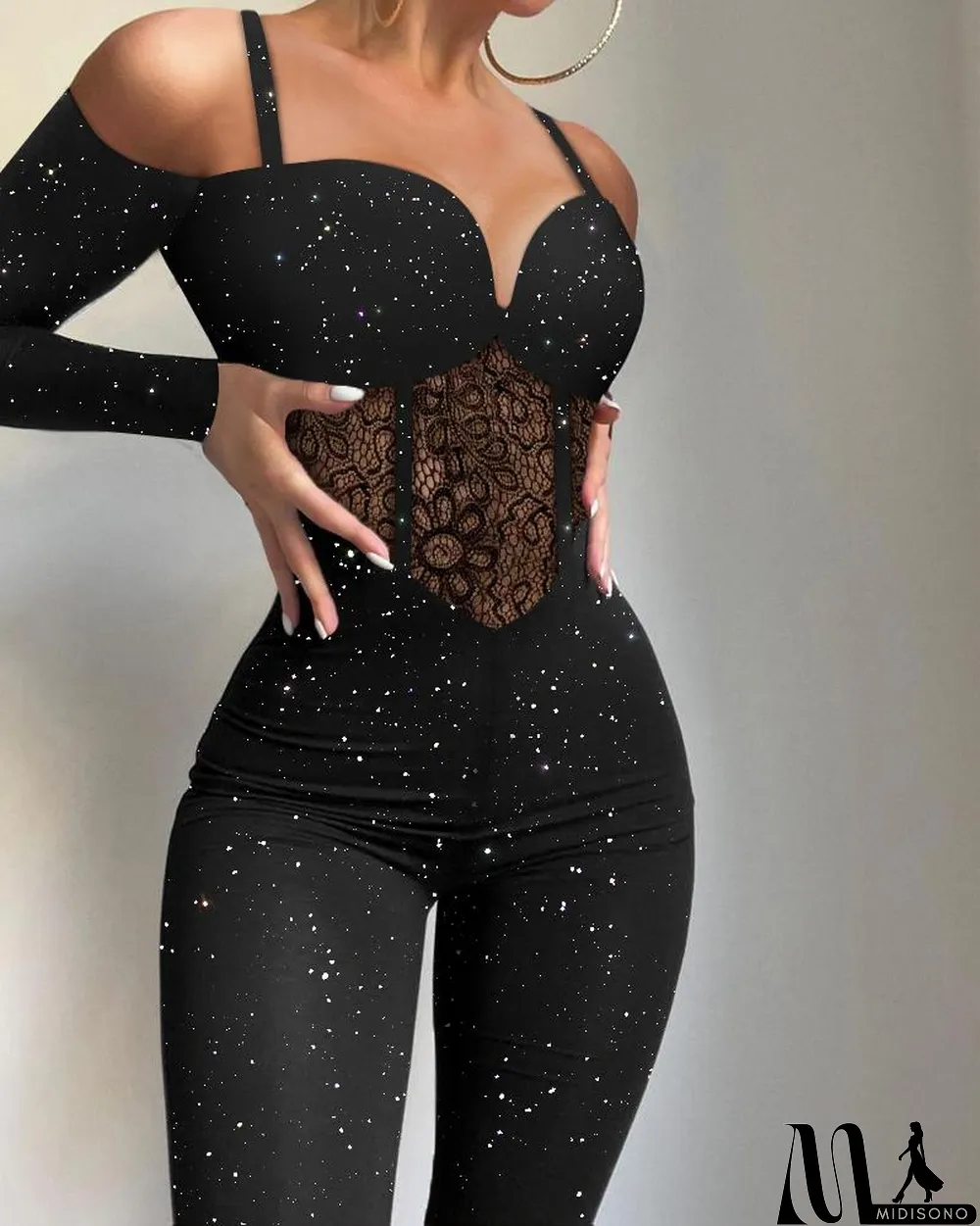 MidiSono - Women's Black Low Neck Sexy Tight Fitting Jumpsuit