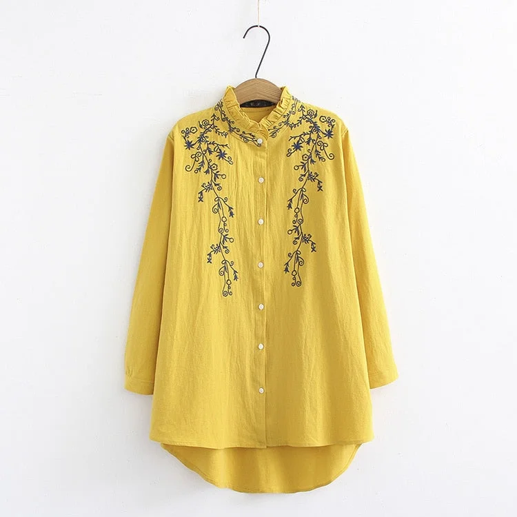 New Arrival Vine Embroidery Ruched Stand Collar Long Solid Blouse Casual Cotton Shirt Loose Plus Size Top Feminina Blusa T94908F