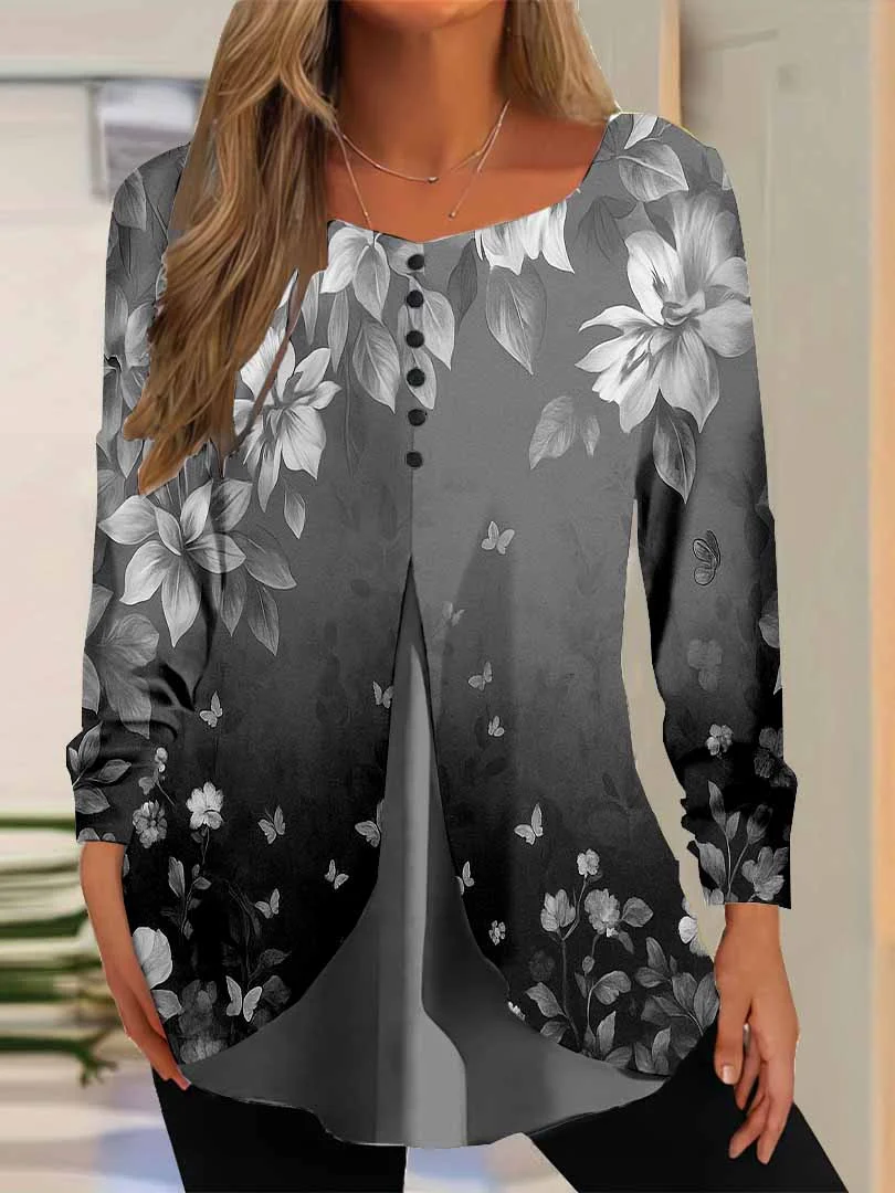 Women Floral,Black DZGG8320 Long Sleeve Scoop Neck Printed Graphic Button Fake 2in1 Tops