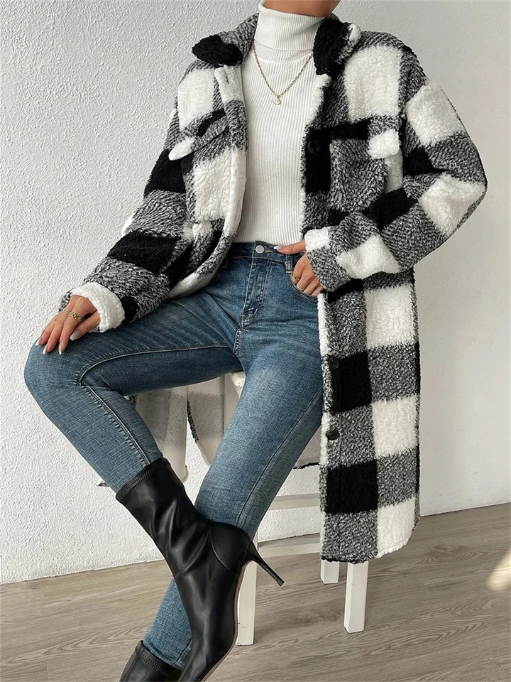 Autumn and Winter Open Buckle Lapel Plush Plaid Jacket Loose Long Coat-JRSEE