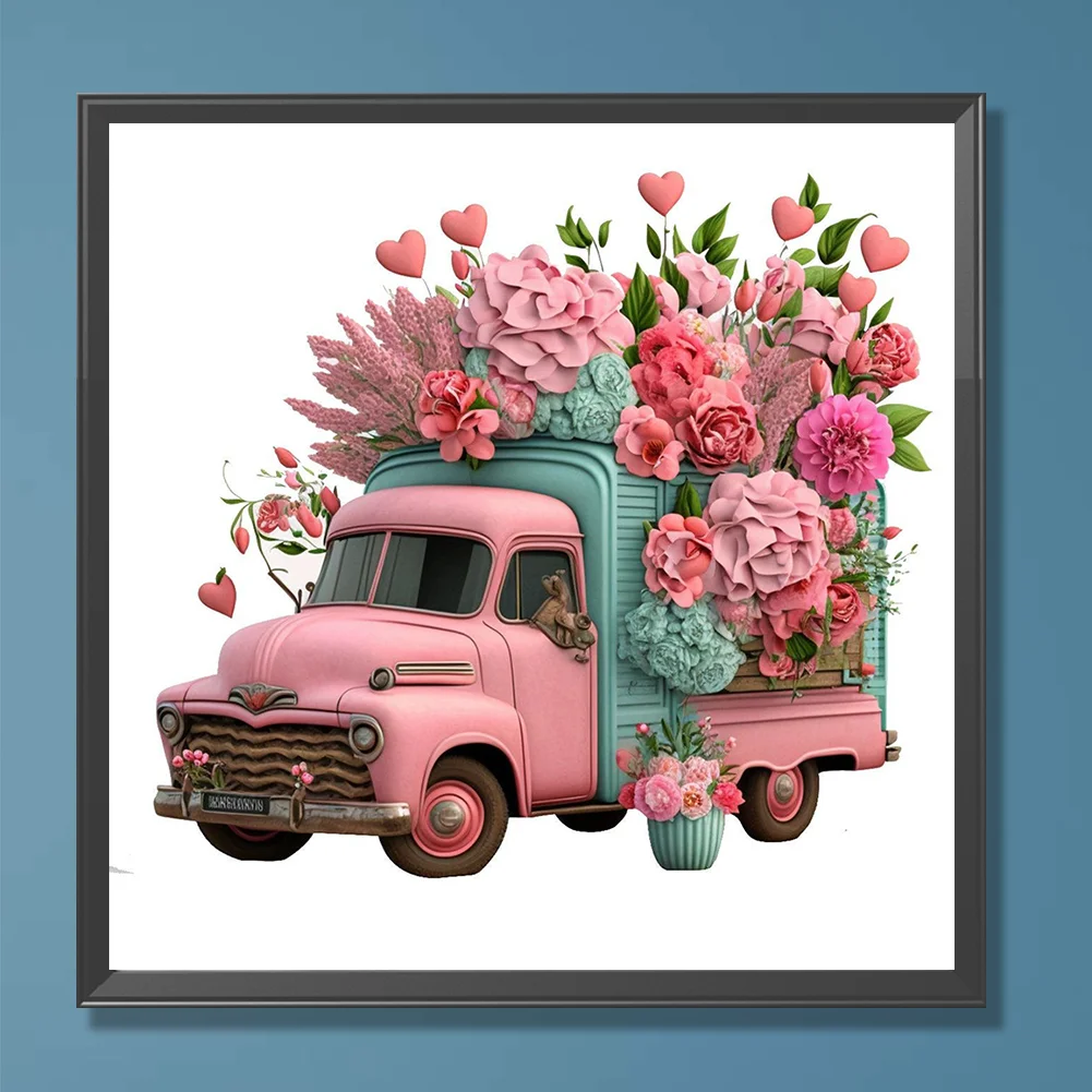 Full Round Diamond Painting 30*30cm - Pink Flower Classic Car
