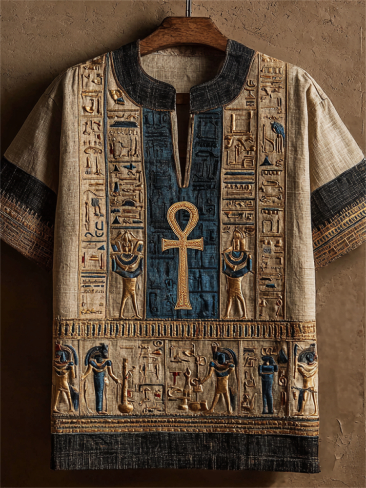 Comstylish Ankh Ancient Egyptian Gods & Runes Embroidered Linen Shirt