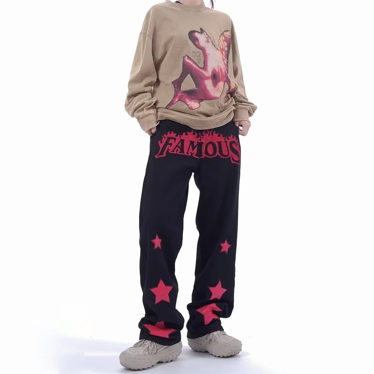 High Street Vintage Applique Jeans Red Star Embroidered Letters Straight Leg Pants at Hiphopee