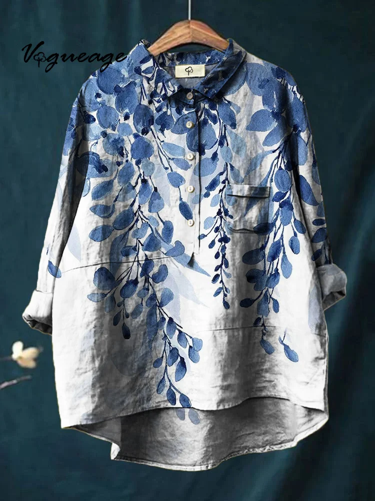 Quiet Elegant And Dignified Leaf Print Cotton And Linen Shirt