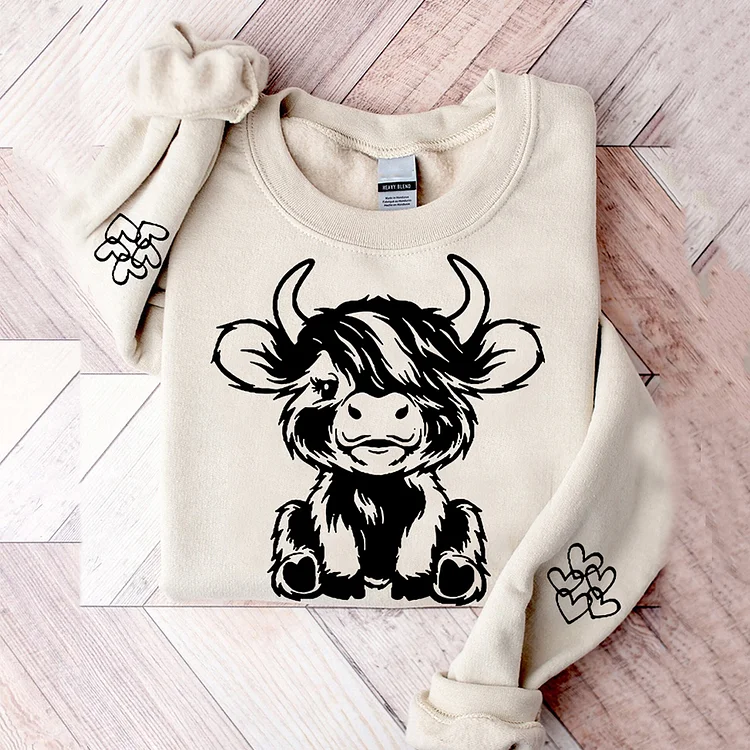 Comstylish Cute Highland Cow Print Vintage Casual Cozy Sweatshirt