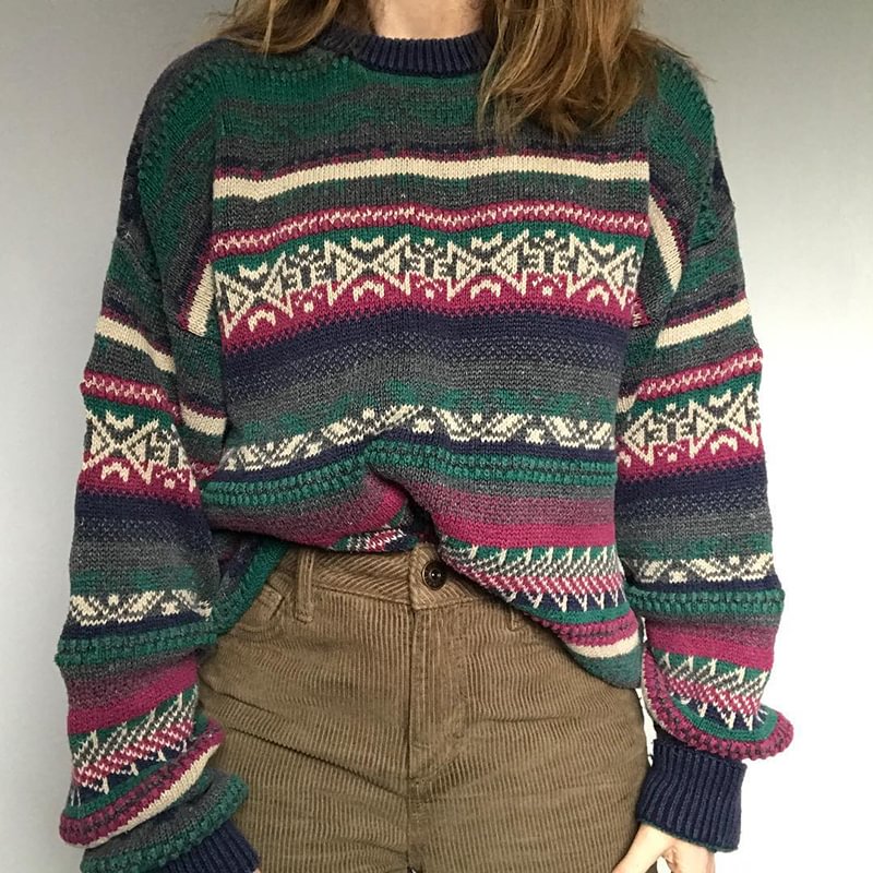 casual round neck long sleeve stripe sweater