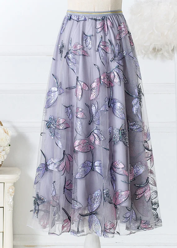 Beautiful Grey Embroidered Butterfly Wrinkled Tulle Skirts Spring