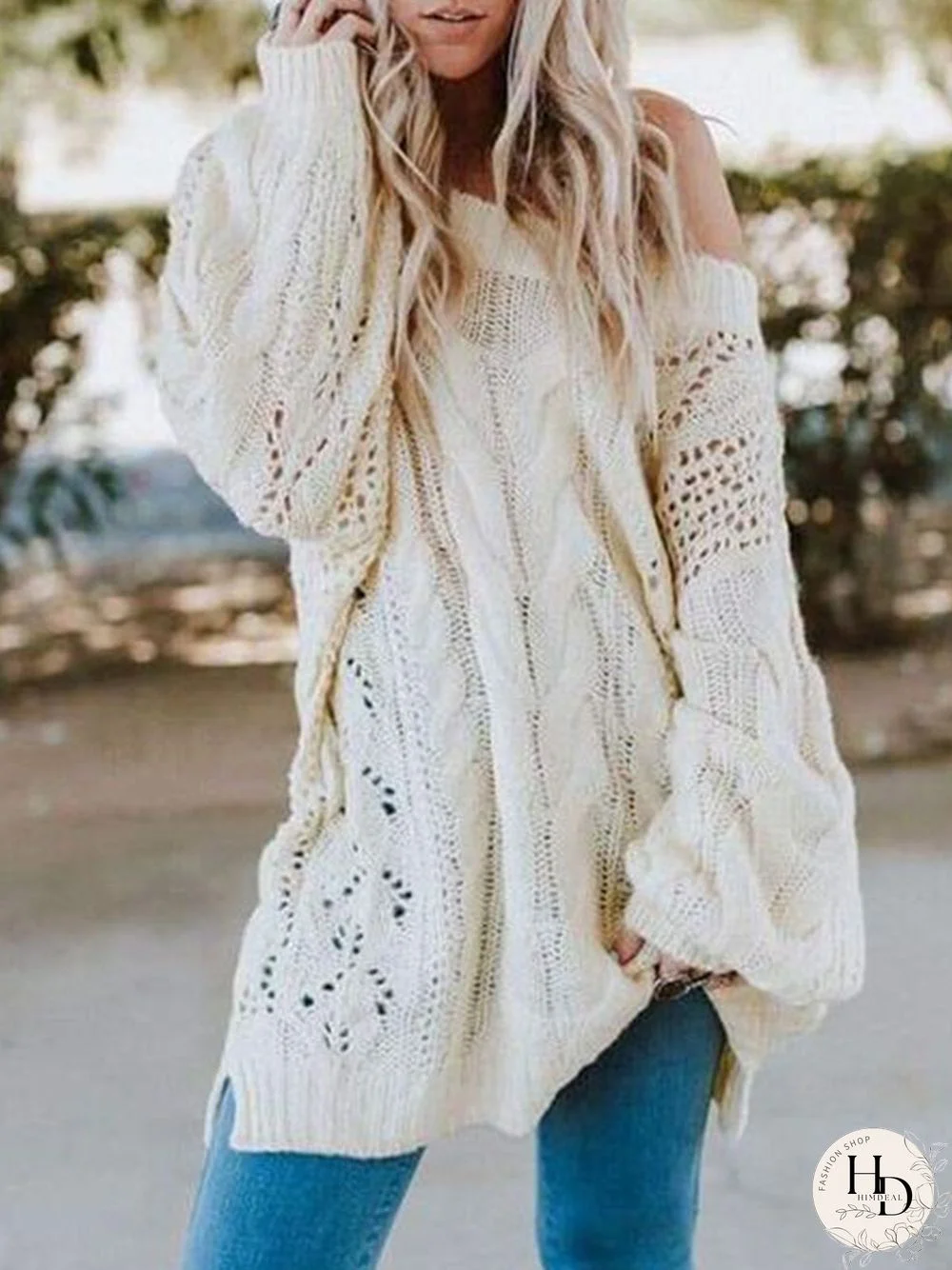 Hollowed Long Sleeve Knitted Off Shoulder Patchwork Sweater