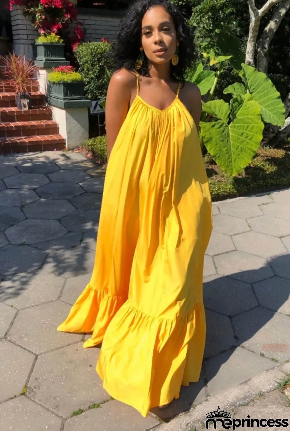 Women Summer Yellow Strap Solid Color Boho Swing Long Maxi Dress