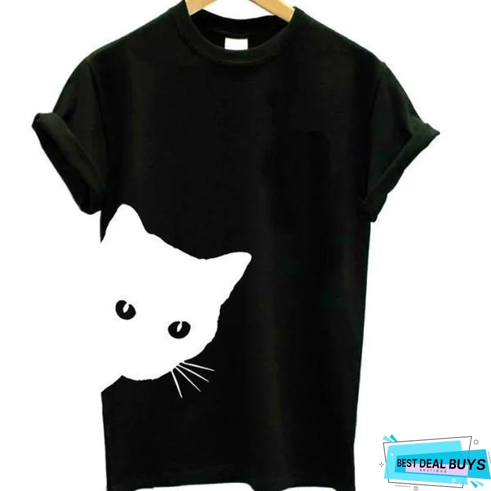Cat Looking Print Women T-Shirt Cotton Casual Top Tee