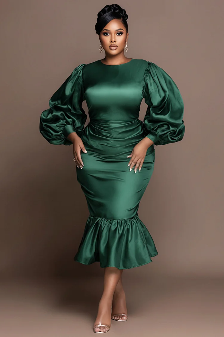 sachin and babi light blue dress Xpluswear Design Plus Size Cocktail Party Emerald Green Round Neck Lantern  Sleeve Long Sleeve Mermaid Elegant Ruffled Satin Midi Dresses