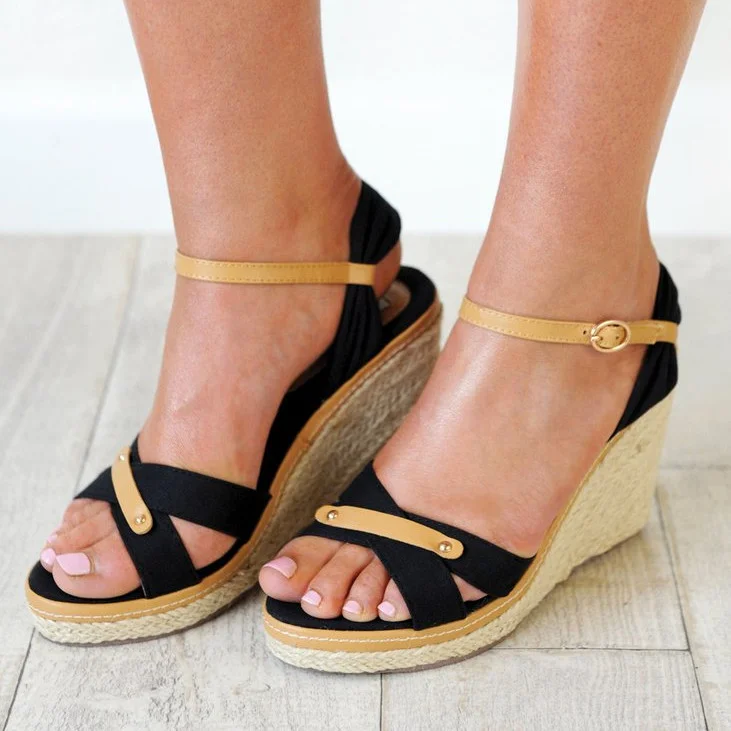 Black and Khaki Wedge Platform Sandals with Open Toe Vdcoo