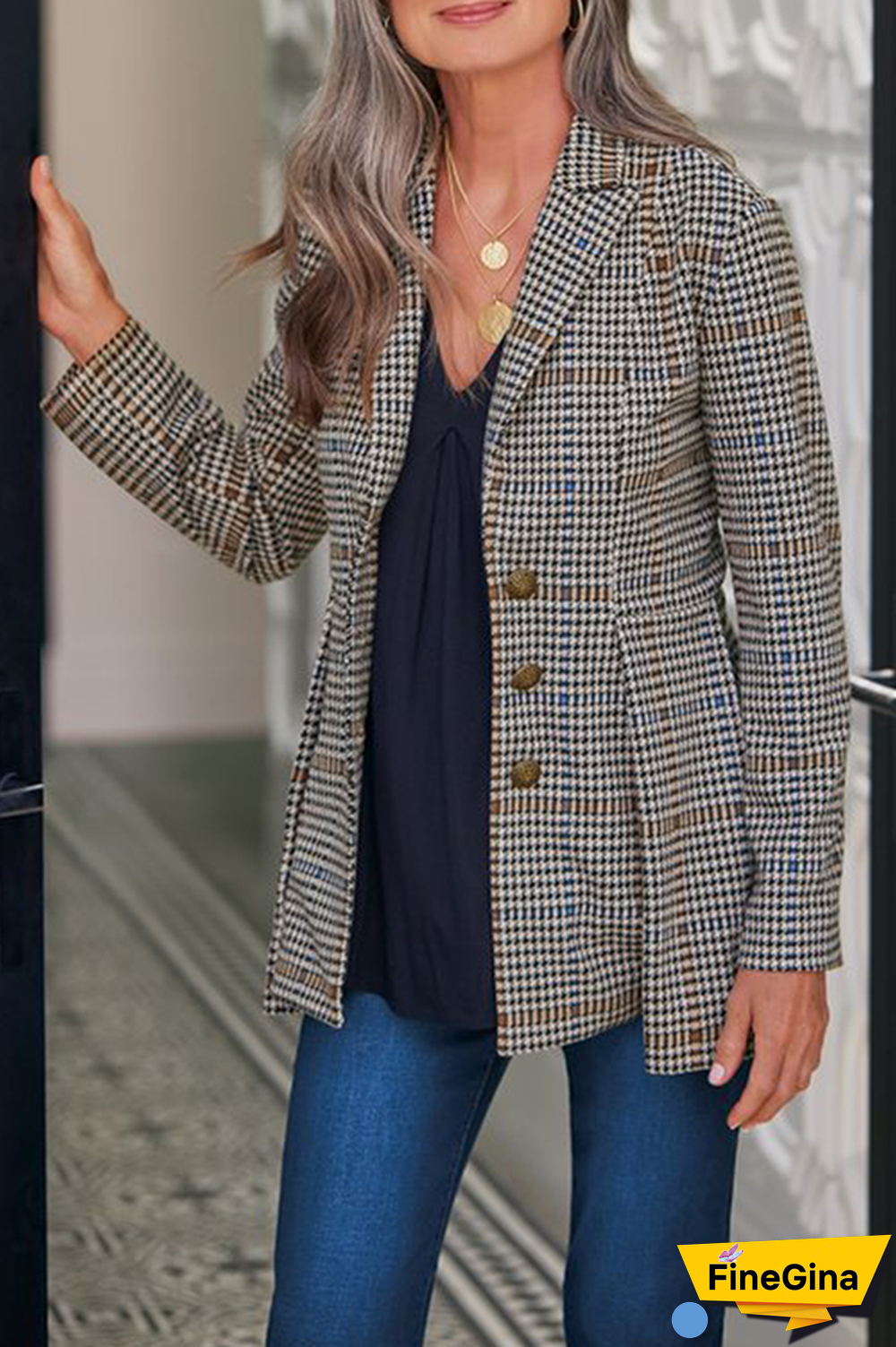 Elegant Plaid Patchwork Buckle Turn-back Collar Outerwear