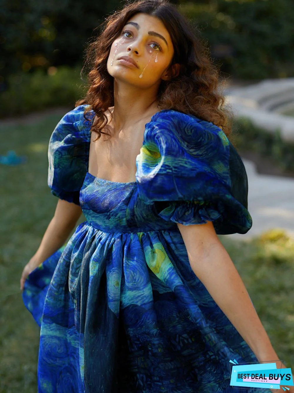 Printed Square Neck Lantern Short Sleeve Women's Dress Backless Fluffy French Princess Dress