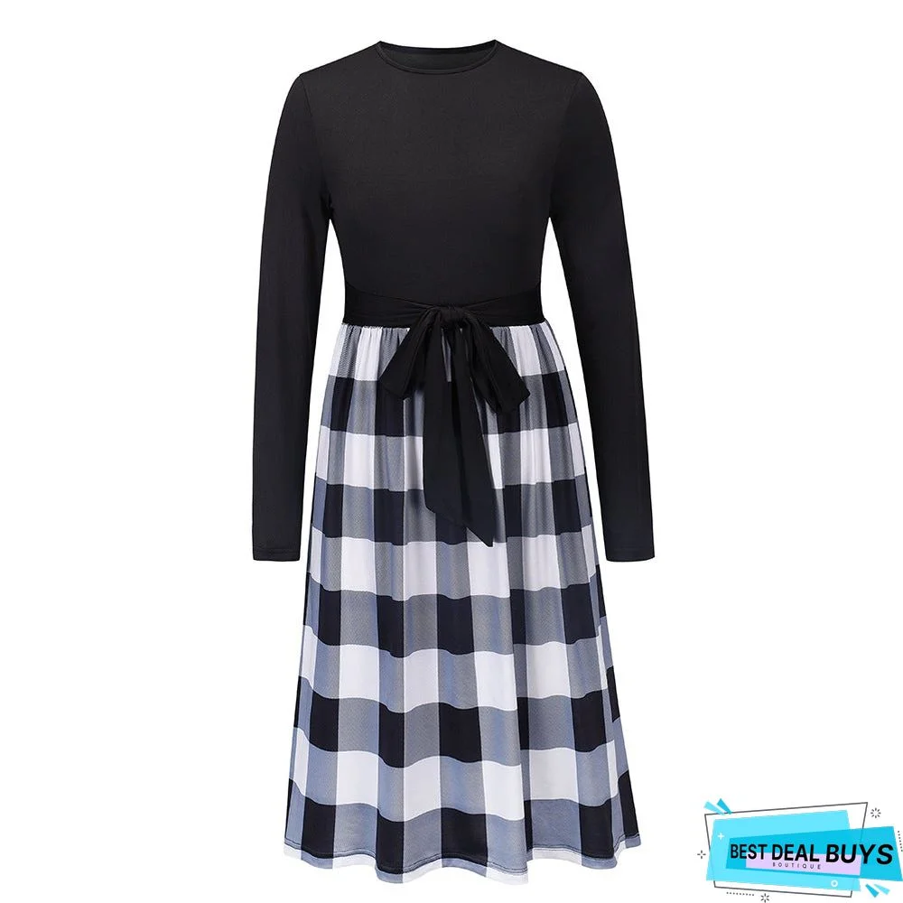 Leopard Stitched Long Sleeve Dress New Knitted Skirt In Autumn and Winter Black Dresses