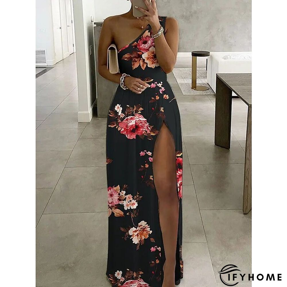 Women's Long Dress Maxi Dress A Line Dress Summer Dress Print Dress Floral Color Block Striped Fashion Streetwear Outdoor Daily Holiday Split Print Sleeveless One Shoulder Dress Slim Black Yellow | IFYHOME