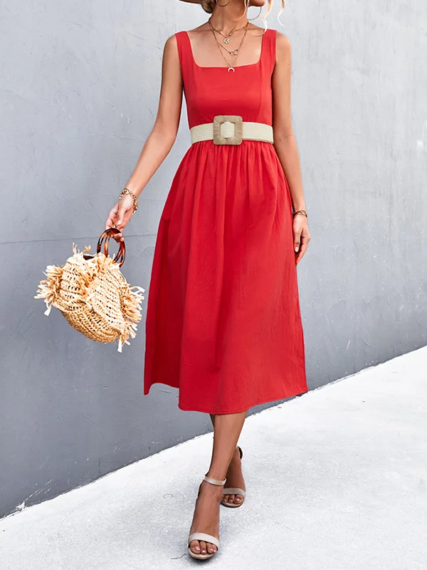 High Waisted Sleeveless Pleated Solid Color Split-Joint U-Neck Midi Dresses