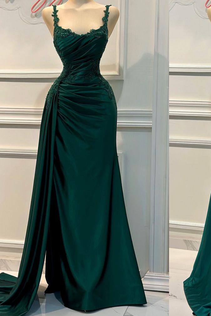 Lvs&Broner Charming Spaghetti Strap Sleeveless Pleated Long Prom Dress With Appliques
