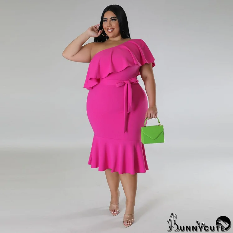 Plus Size Women's Fashion Fit Casual Ruffle One Shoulder Midi Dress