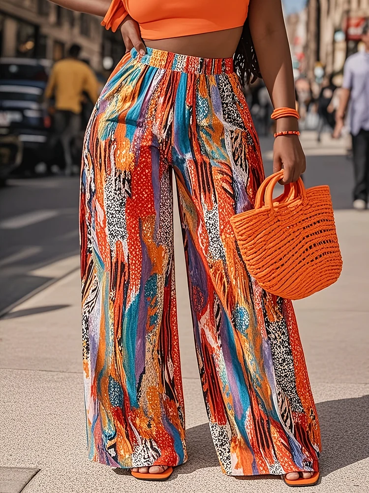 Women's High-Waisted Wide-Leg Pants With Abstract Leopard Print - Boho-Chic Breathable Loose Fit Trousers For Daily Wear, Vacation & Sunbathing - Machine Washable All-Season Casual Fashion, High Waist Pants, Summer Clothing, Comfortable Fabric