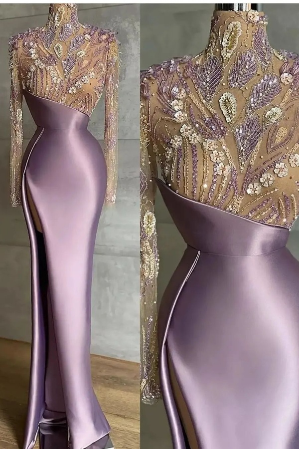 Luxury Purple High Collar Long Sleeves Embroidered Split Prom Dress | ZT0200