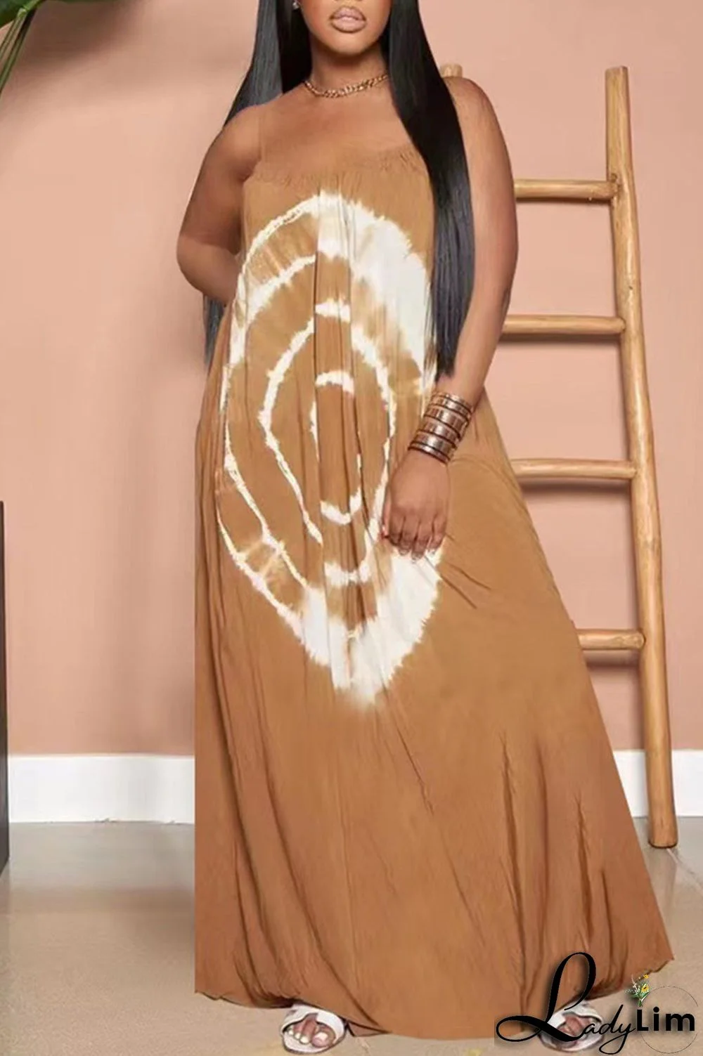 Khaki Sexy Casual Print Backless Spaghetti Strap Long Dress