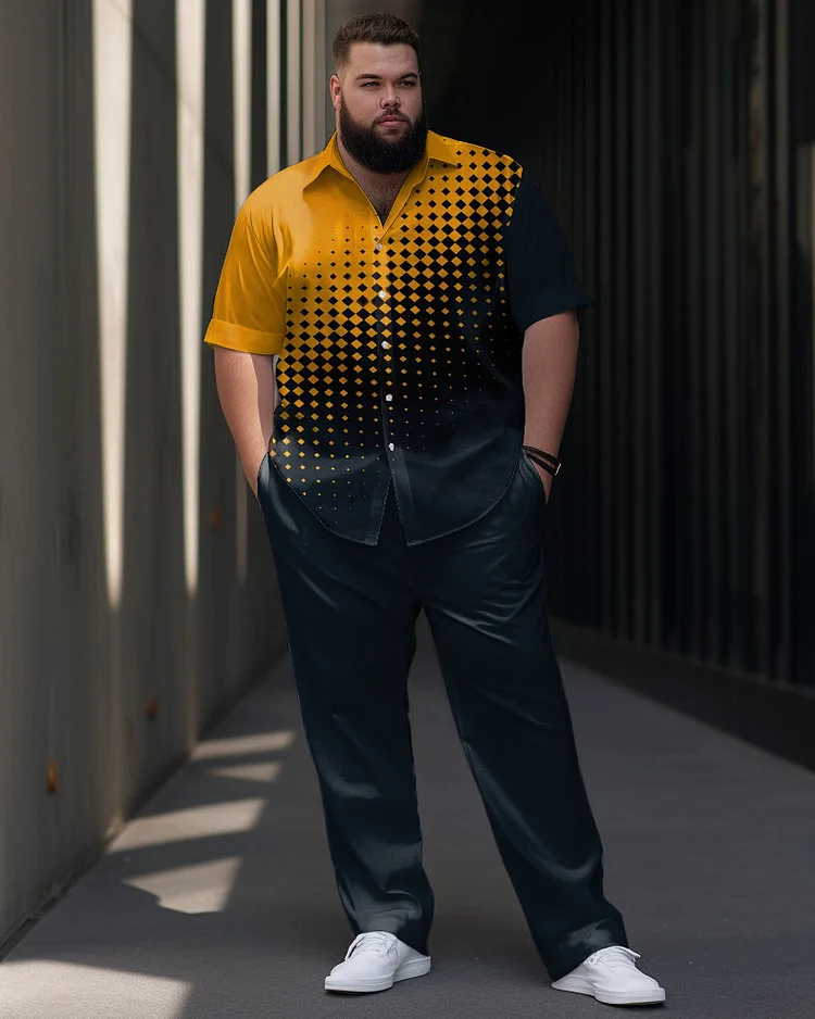 Men's Large Size Gradient Geometric Pattern Short Sleeve Shirt Shorts Set