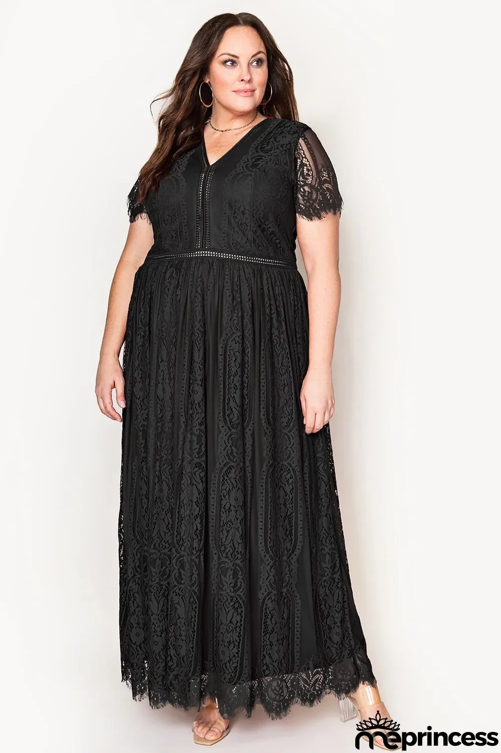 Black Eyelash Lace Short Sleeve Curvy Maxi Dress