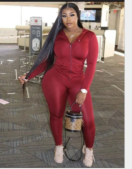 CM.YAYA Autumn Women Solid Zipper Up Long Sleeve Hooded Top Pencil Pants Suit Two Piece Set Casual Sporting Tracksuit Outfit