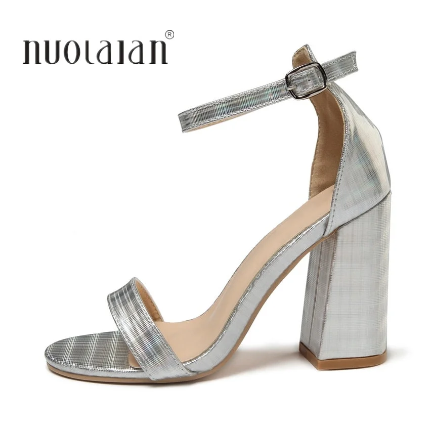 Size35-42 2019 Fashion Shoes Women Heeled Sandals Gold Silver Ankle Strap Pumps Super High Heels 10 CM Square Heels Lady Shoes