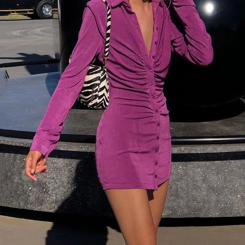 wsevypo Autumn Office Lady Solid Color Mini Shirts Dress Party Vestidos Women's Long Sleeev Button down Ruched Bodycon Dress