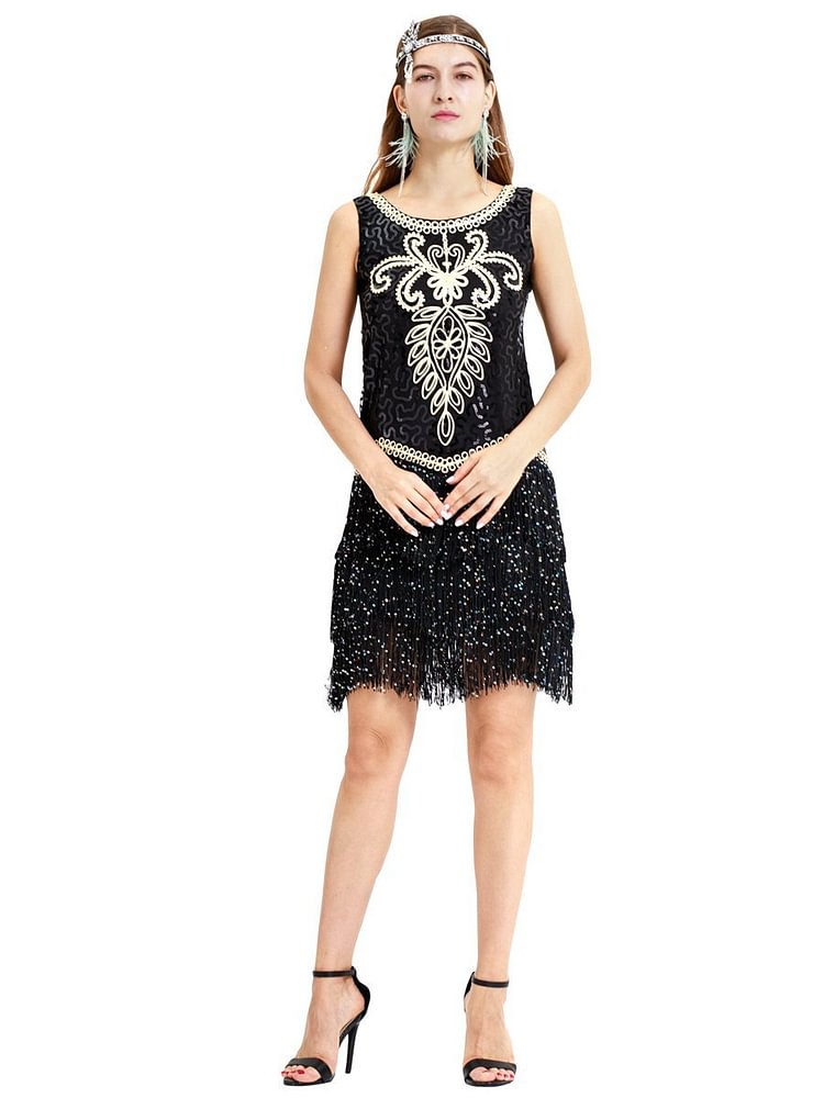 Mayoulove Exotic tassels Gatsby retro ornate dress-Mayoulove