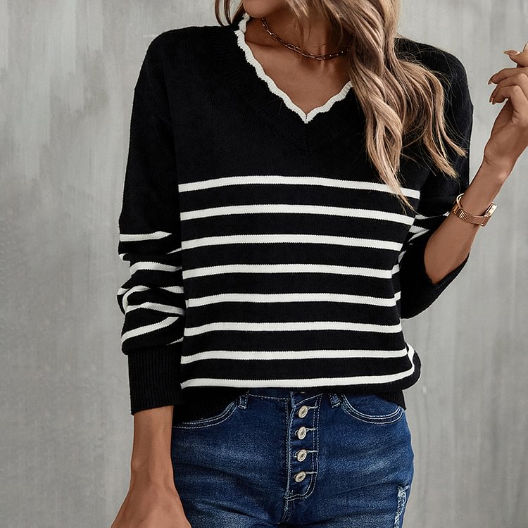 Vefave Casual V Neck Wavy Striped Jacquard Sweater