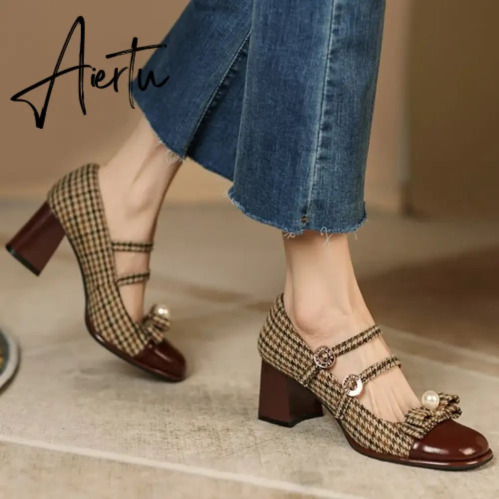 Aiertu Spring/Autumn Women's Shoes Round Toe Chunky Heel Pumps Cotton Fabric Lattice High Heels Genuine Leather Retro Mary Janes Aiertu
