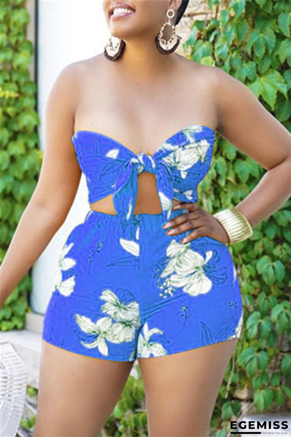 Blue Fashion Sexy Print Bandage Backless Strapless Sleeveless Two Pieces | EGEMISS