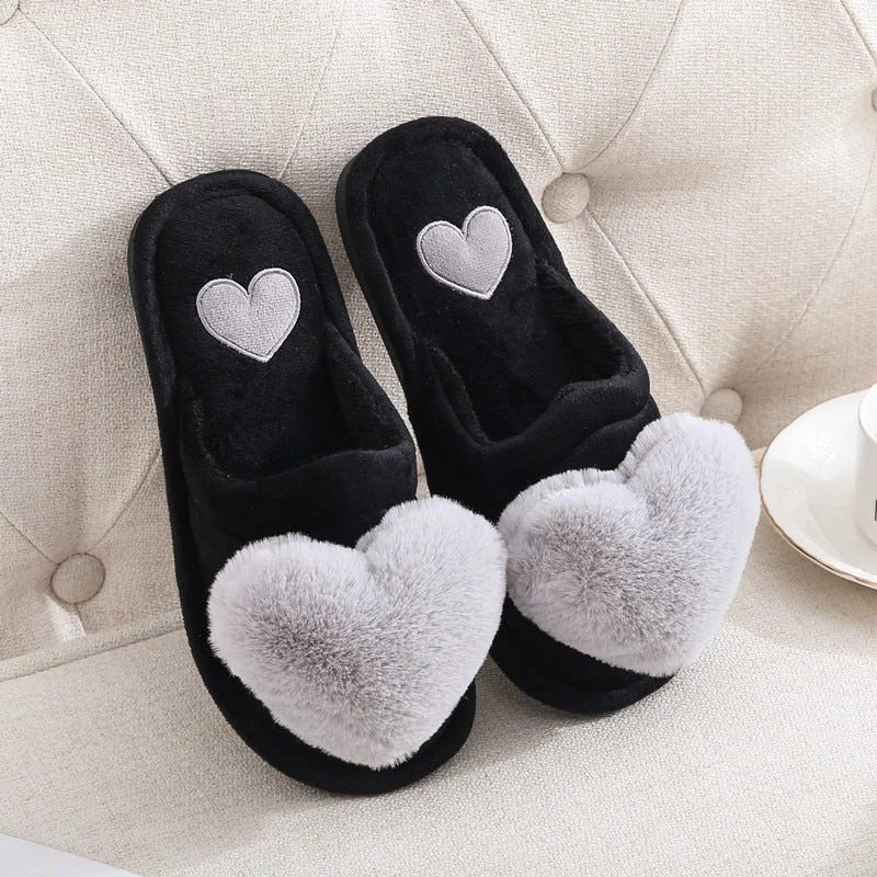 New Heart-shaped Slippers Women Warm Cotton Flat Foowear Lady Winter Furry Flip Flops Slippers Female Home Indoor Non-slip Shoes