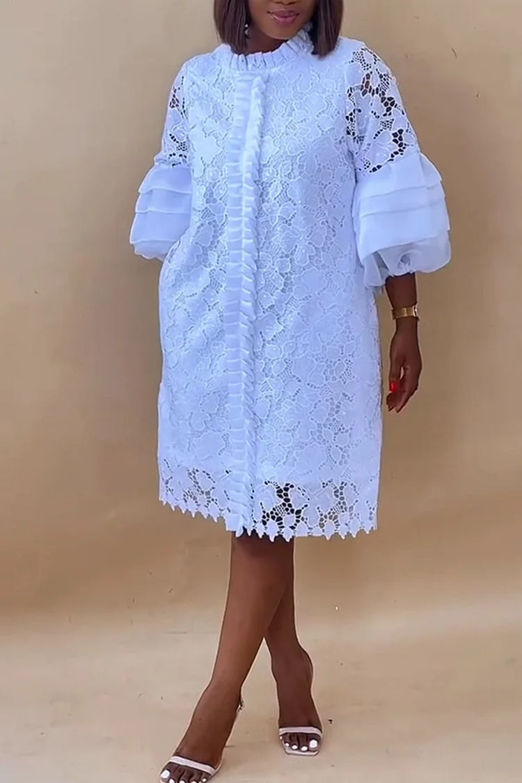 Plus Size Formal White Elegant Round Neck Flare Half Sleeve Lace Midi Dresses [Pre-Order] 2024 - Xpluswear